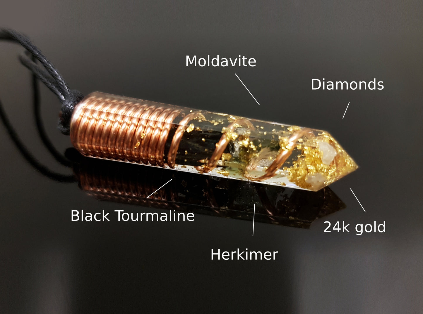 Moldavite Orgonite pendant with most powerful combination - Black tourmaline, Diamonds, Herkimer