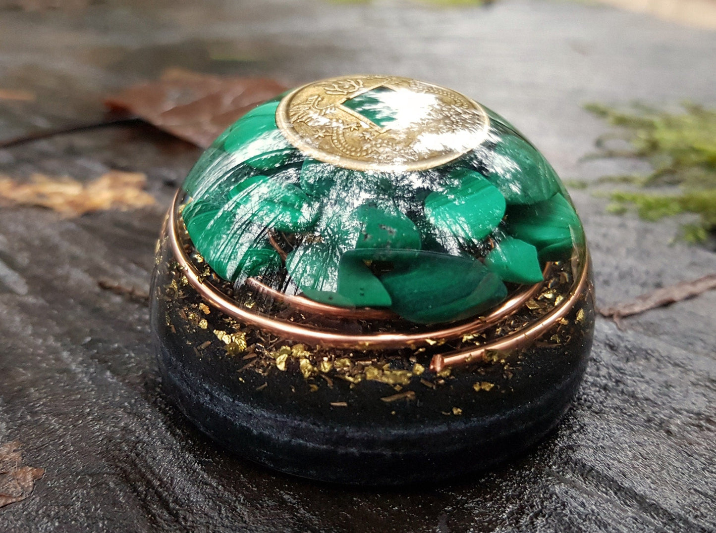 Orgonite dome hemisphere with malachite and wealth coin