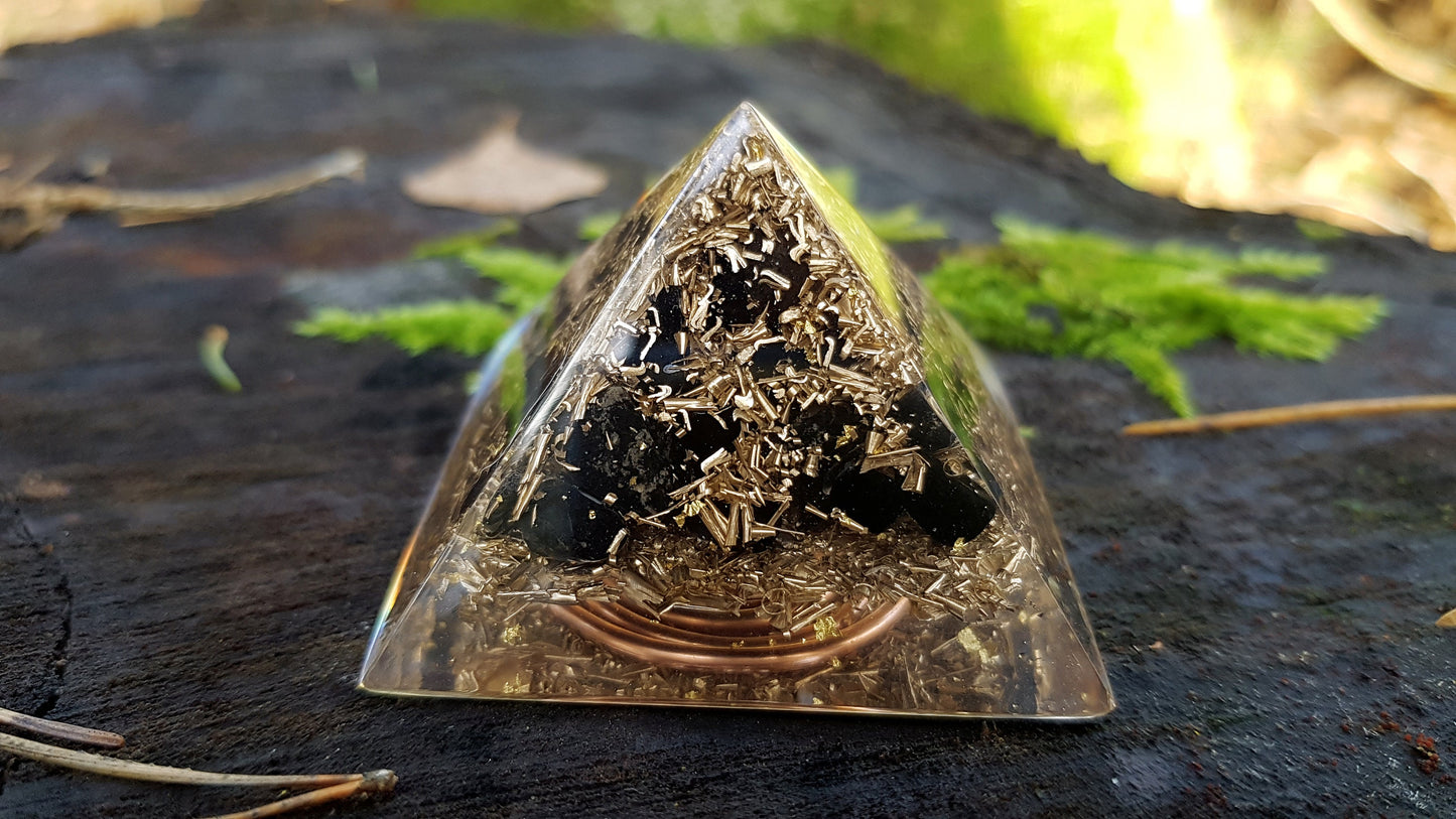 Orgonite orgone pyramid, strong EMF protection, third eye activation, brass, copper, Black tourmaline