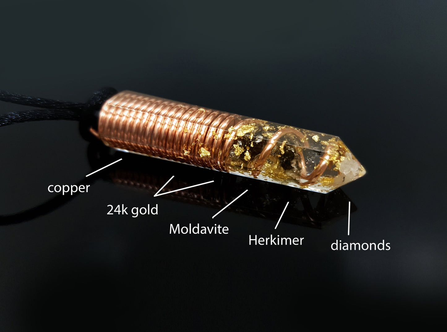Most powerful Orgonite orgone pendant necklace for EMF protection, Moldavite, Herkimer, Diamonds, 24k gold, copper