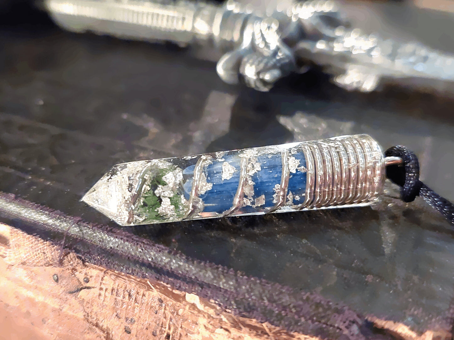 Orgonite orgone Pendant - most powerful magic amulet Necklace - Moldavite, Herkimer, Diamonds, Kyanite, silver