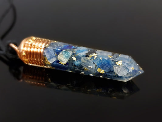 Orgonite orgone pendant necklace, Blue kyanite, 24k gold, enchanted amulet, chakra healing and protection