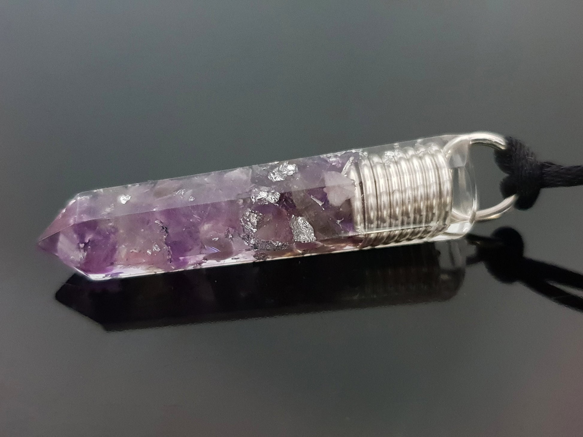 Orgonite orgone pendant necklace. Amethyst and silver amulet, charm. Crystal Reiki chakra necklace.