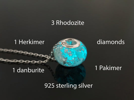 Orgone Orgonite pendant, bracelet, charm bead, High vibrations, silver, Herkimer, Danburite, Diamonds, glow in dark