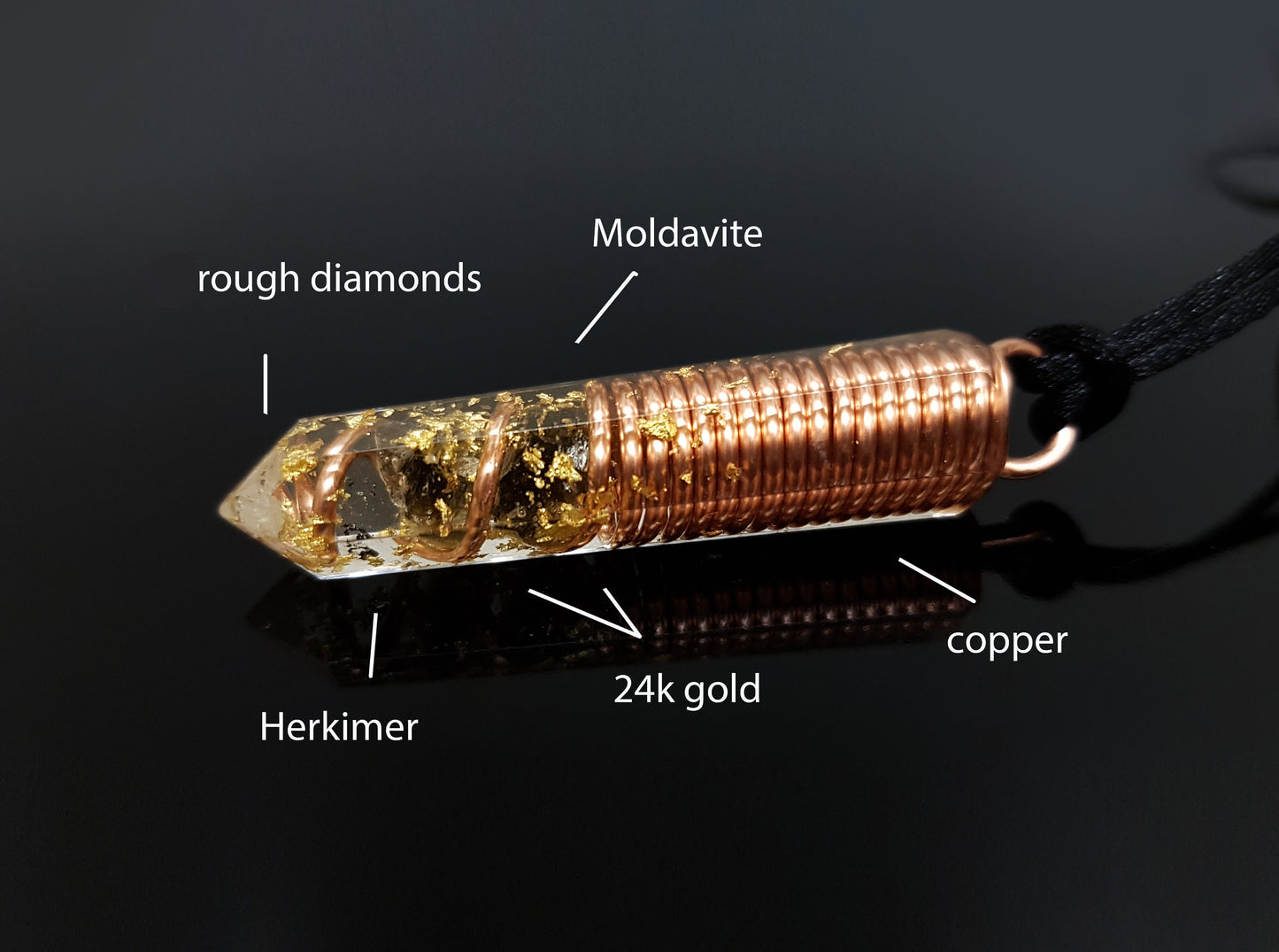 Most powerful Orgonite orgone pendant necklace for EMF protection, Moldavite, Herkimer, Diamonds, 24k gold, copper