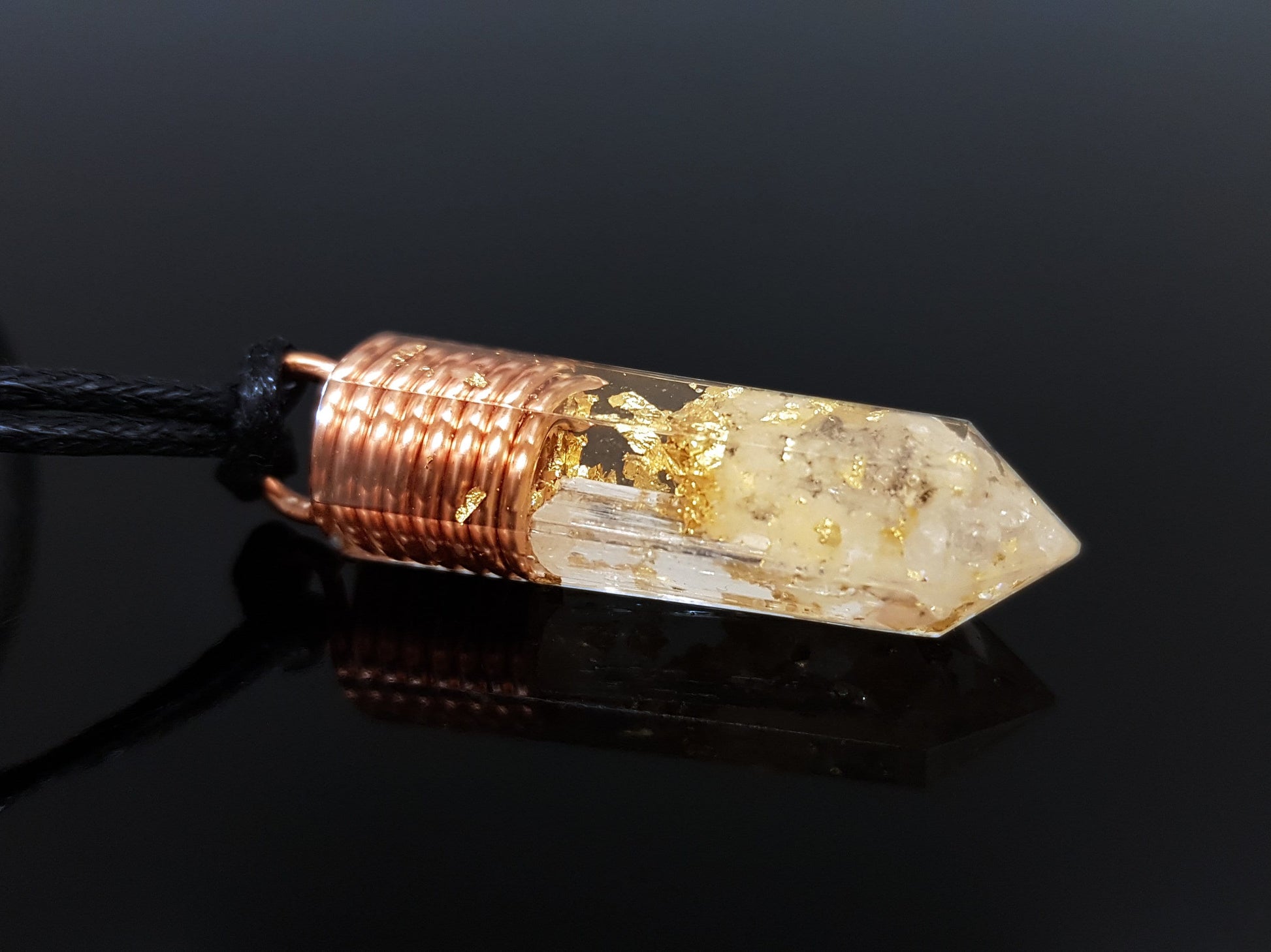Orgonite orgone pendant necklace, Powerful amulet - 4 high vibration crystals, 24k gold - Diamonds, Herkimer, Danburite