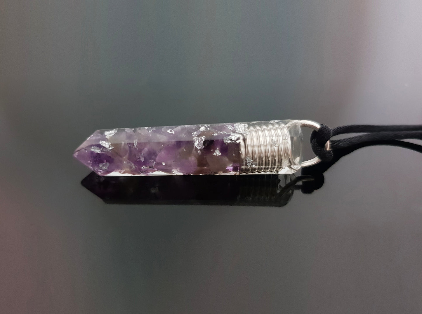 Orgonite orgone pendant necklace. Amethyst and silver amulet, charm. Crystal Reiki chakra necklace.