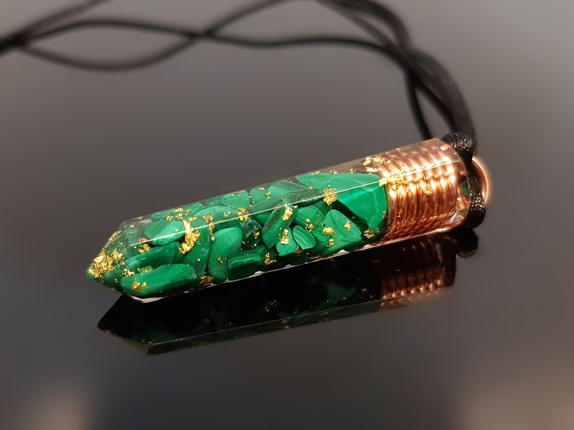 Orgonite Pendant, Malachite with 24k gold, orgone necklace, chakra healing, programmed / enchanted amulet, talisman