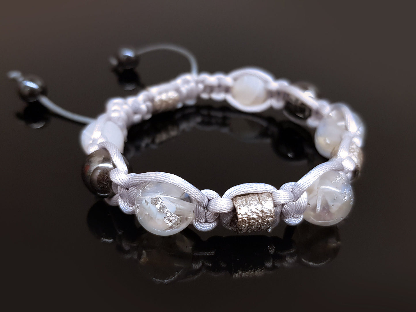 Adjustable beaded Shamballa bracelet, moonstone and silver orgonite orgone beads, magic amulet, charm