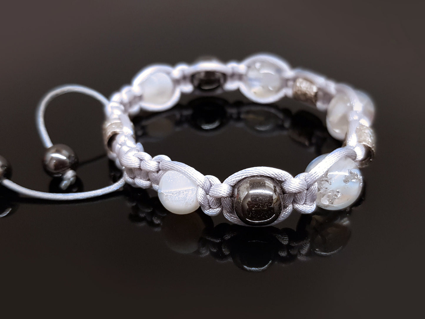 Adjustable beaded Shamballa bracelet, moonstone and silver orgonite orgone beads, magic amulet, charm