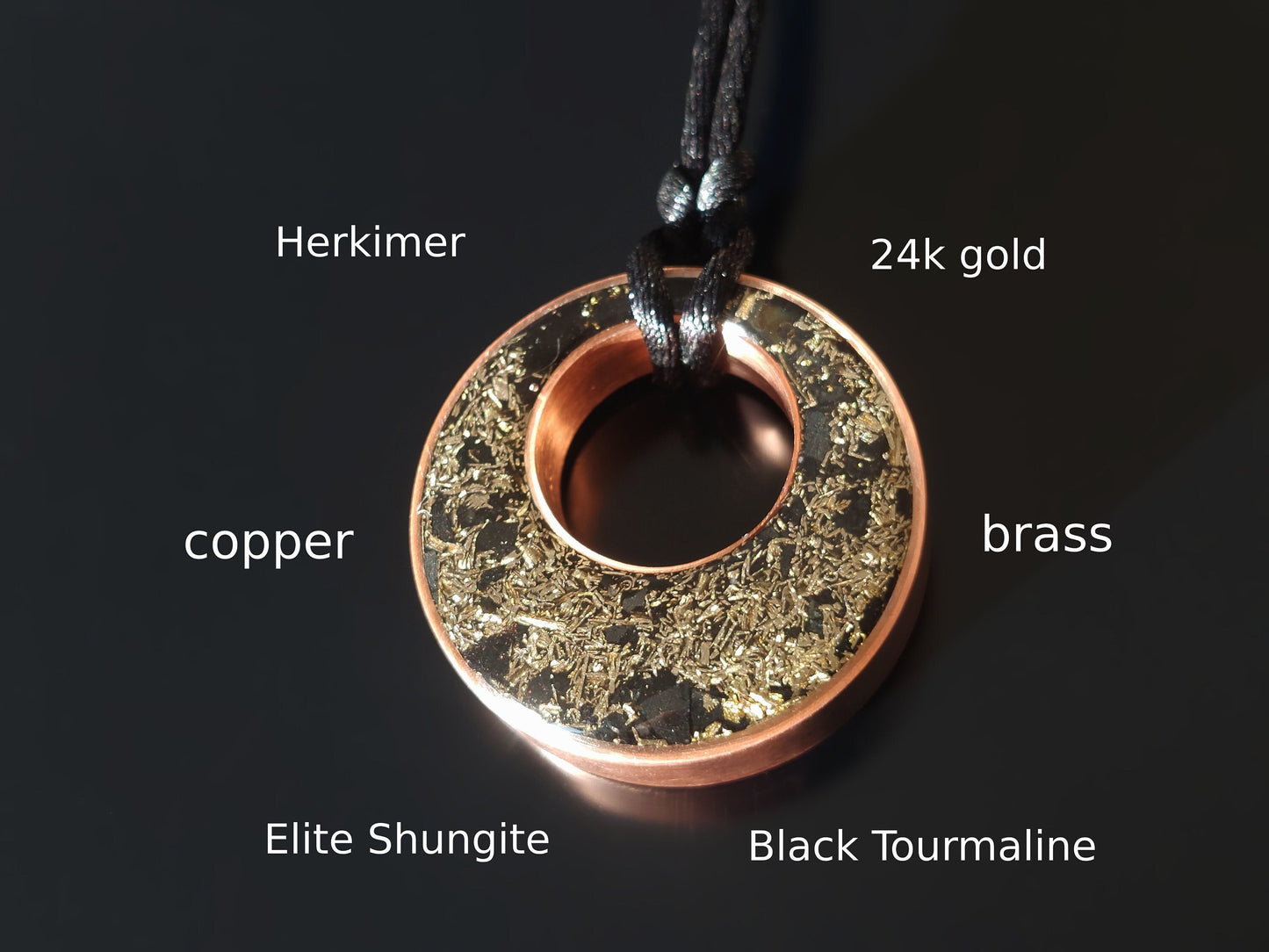 EMF 5G protection Orgonite orgone pendant, Herkimer, Elite Shungite, Black Tourmaline, 24k gold, copper, brass